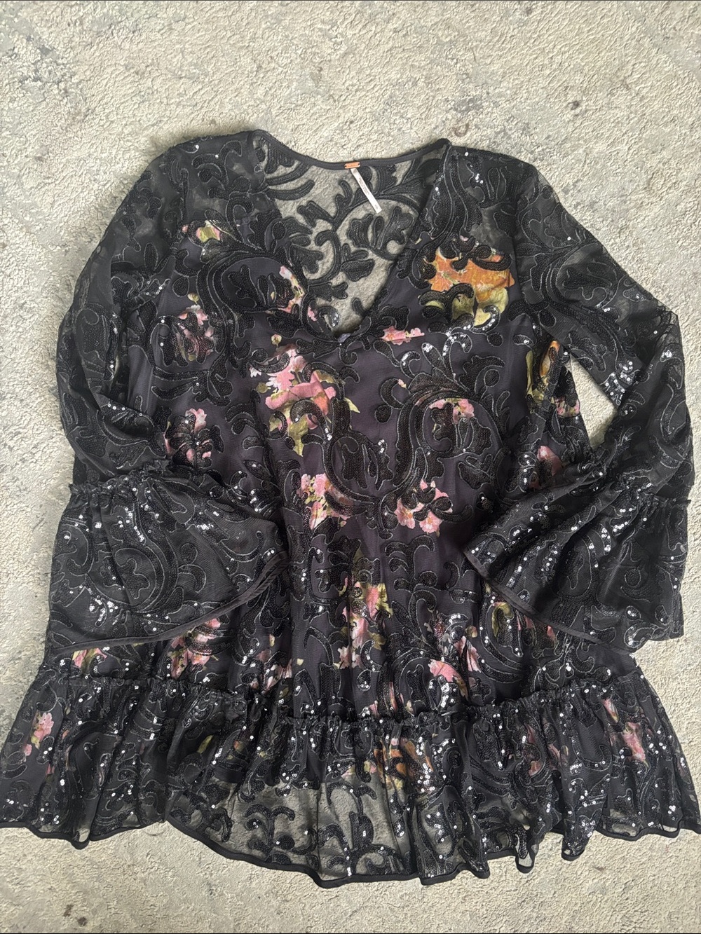 Free People Black Floral Lace Ruffle Peplum Top